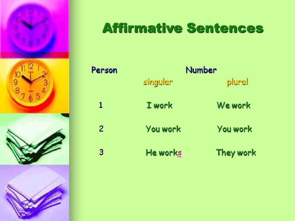 Affirmative Sentences Person Number singular plural 1 I work We work 2 You work